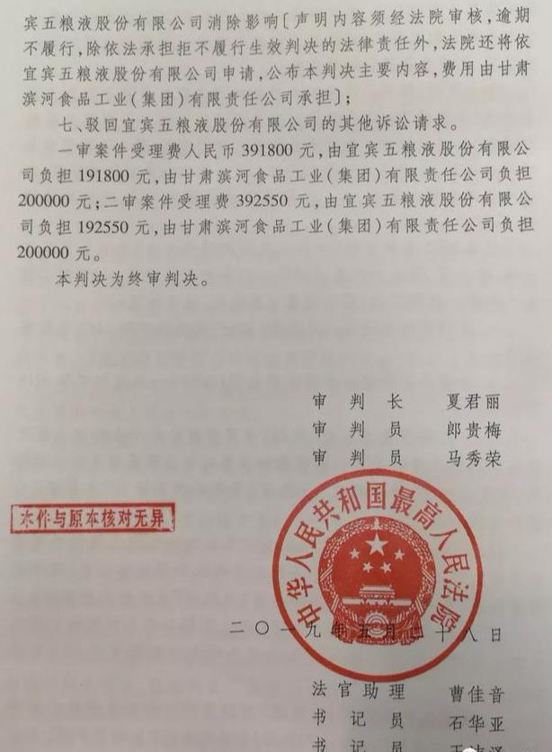 五糧液集團訴濱河集團侵害商標(biāo)權(quán)案最終五糧液勝訴